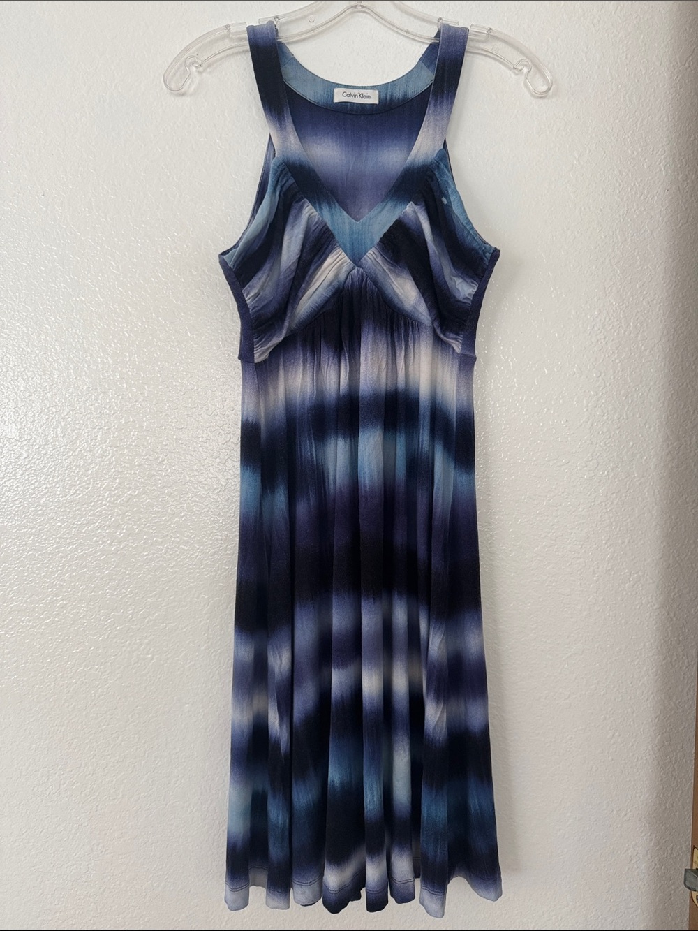 Calvin Klein Navy and Light Blue Ombre Pleated Midi Dress